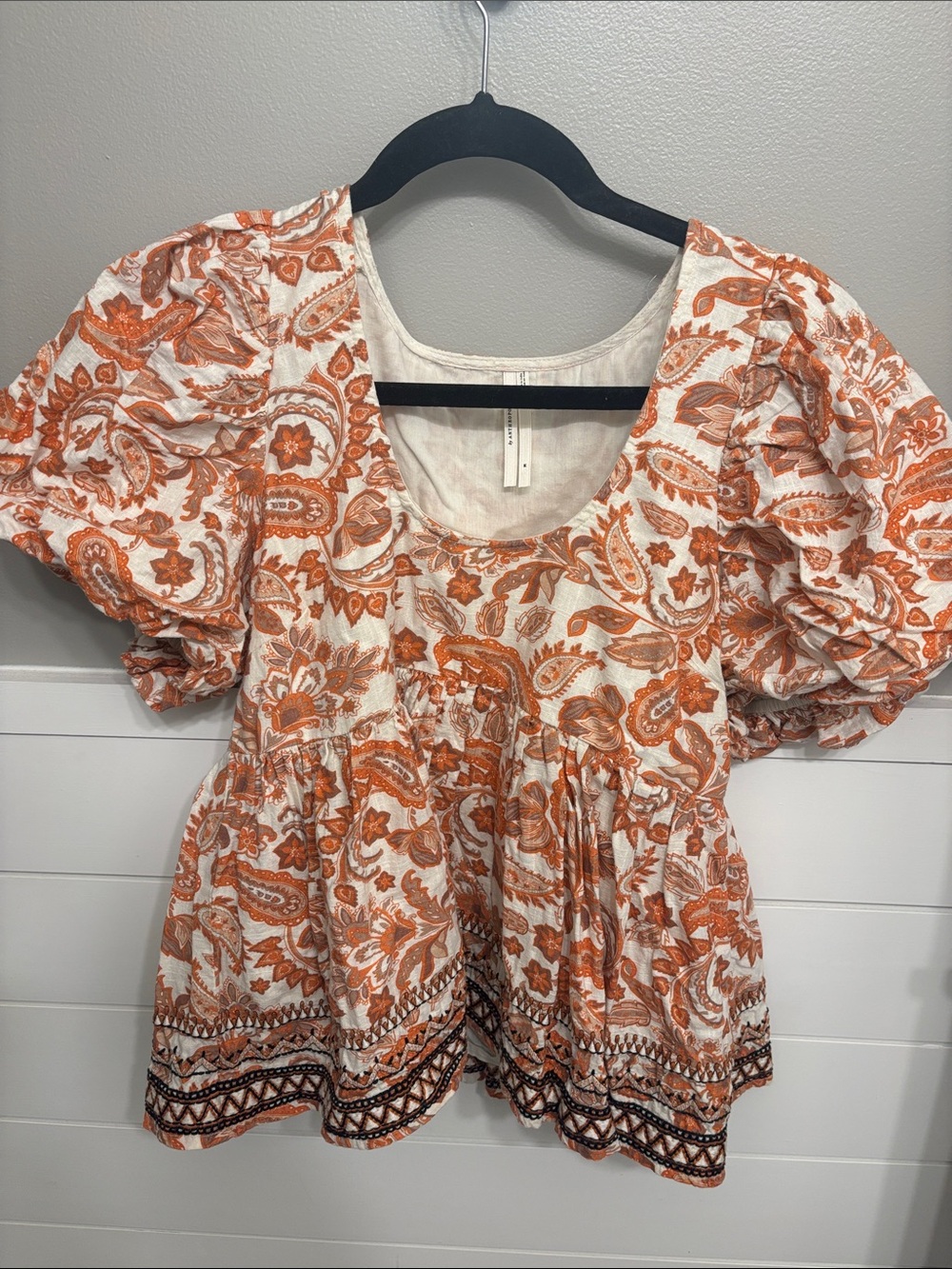 Anthropologie Orange and White Paisley Puff-Sleeve Blouse
